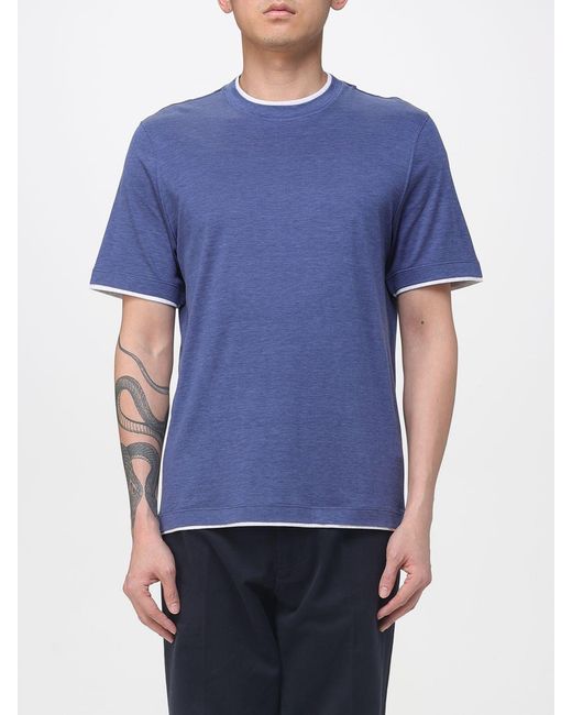 Brunello Cucinelli Blue Cotton And Silk T-Shirt for men