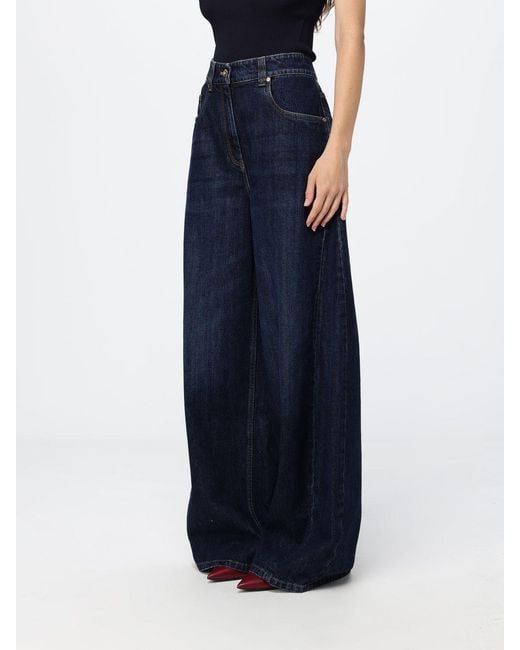 Brunello Cucinelli Blue High-Waisted Wide Leg Cotton Denim Jeans By