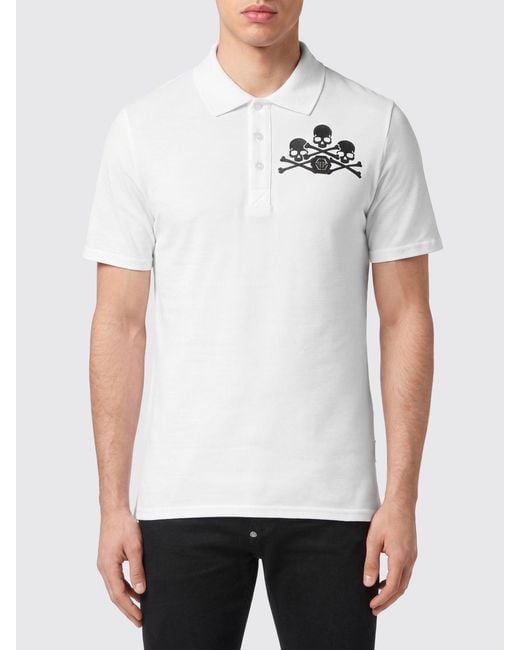 Philipp Plein White Slim Fit Cotton Polo Shirt With Skull Print And Hexagon Logo for men