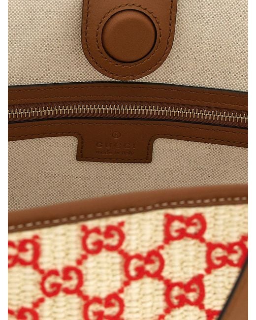 Gucci Pink Raffia Shoulder Bag With Embroidered Gg Monogram And Double Handles