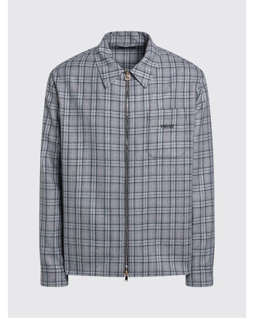 Versace Blue Wool Flannel Overshirt With Check Pattern for men