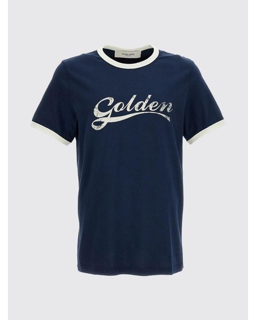 Golden Goose Deluxe Brand Blue Slim Fit Cotton T-Shirt With Printed Logo And Contrast Trims for men