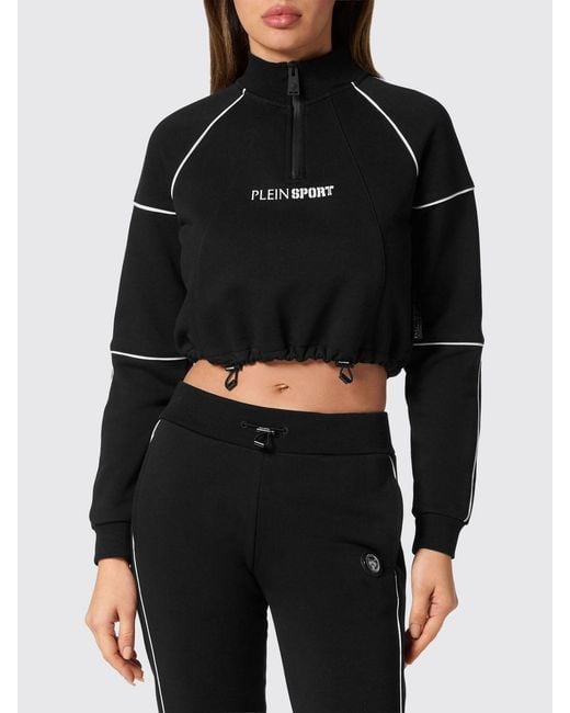 Philipp Plein Black Cropped Zip-Up Jersey Sweatshirt With Funnel Neck