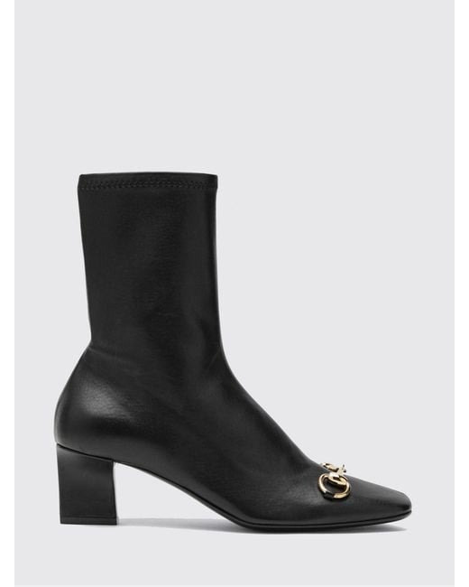 Gucci Black Signora Stretch Leather Ankle Boots With Horsebit And Block Heel