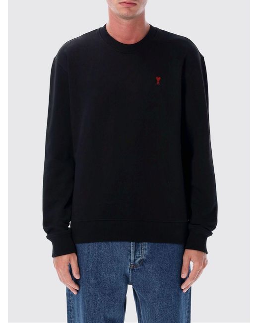 AMI Black Relaxed Fit Cotton Crewneck Sweatshirt With Contrast Embroidered Logo for men