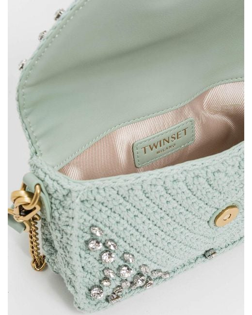 Twinset White Crochet Cotton Bag With Rhinestones