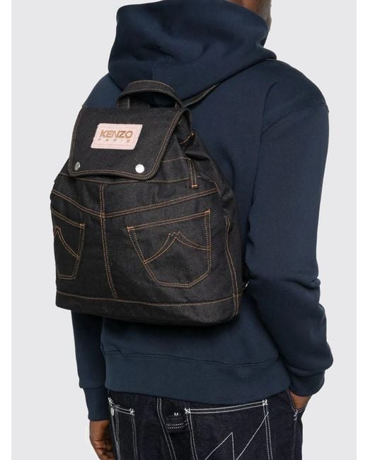 KENZO Black Denim Backpack With Logo for men