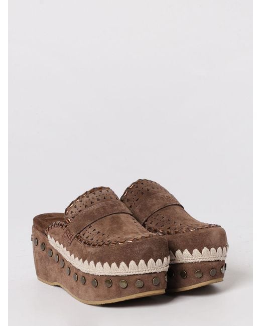 Mou Brown Overstitching Suede Clogs