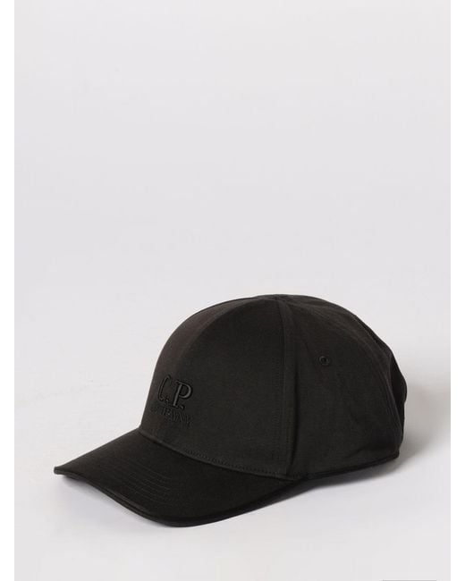 C P Company Black Cotton Hat With Embroidered Logo for men
