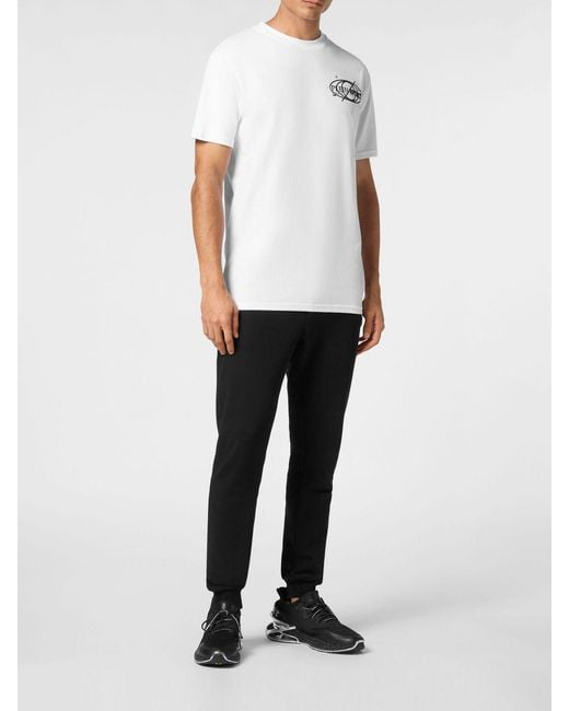 Philipp Plein White Slim Fit Cotton T-Shirt With Contrast Logo And Dropped Shoulders for men