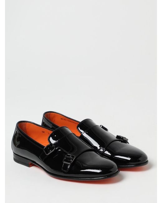 Santoni Black Patent Leather Monk Strap Shoes for men