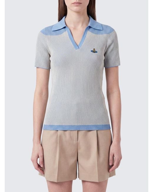 Vivienne Westwood Blue Slim Fit Striped Ribbed-Knit Polo With V-Neck And Orb Logo