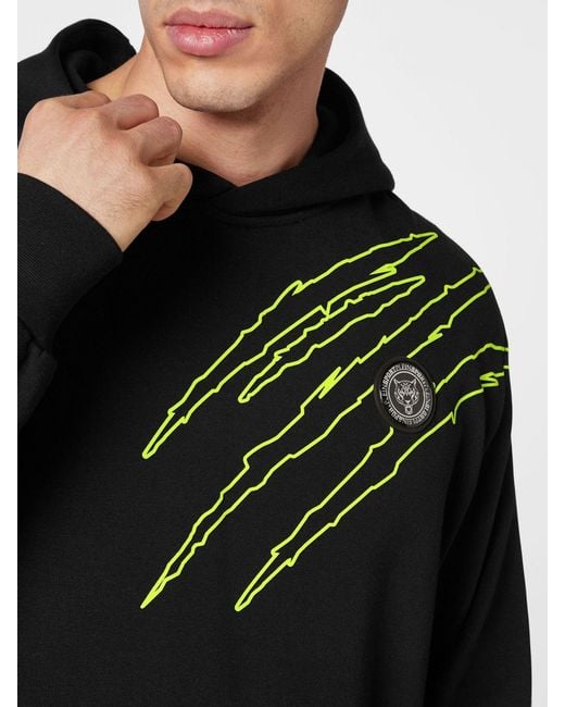 Philipp Plein Black Cotton Hoodie With Graphic Print And Hexagon Logo for men