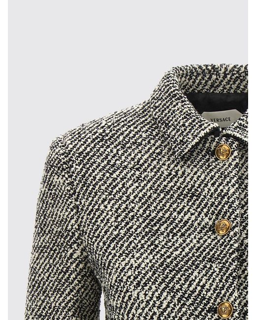 Versace Gray Cropped Single-Breasted Virgin Wool Blazer With Chevron Pattern