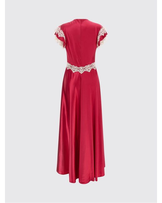 Alberta Ferretti Red Long Satin Dress With Lace Inserts