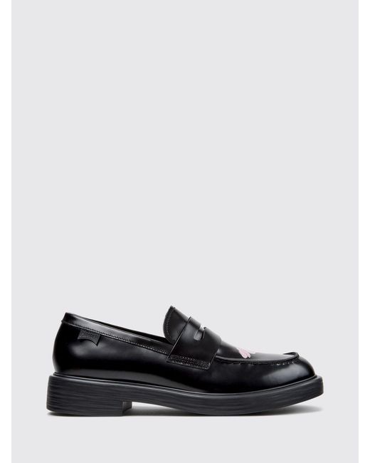 Camper Black Twins Floral Pattern Brushed Leather Penny Loafers for men