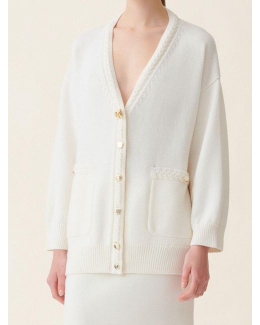 Fabiana Filippi White Wool Cardigan With Dropped Shoulders And Deep V-Neck