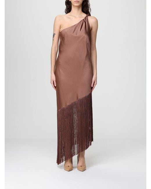 Pinko Brown Kiwi Satin Dress With Fringes