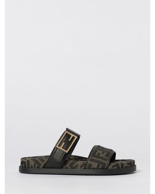 Fendi Black Feel Nappa And Canvas Sandals With Ff Jacquard Monogram