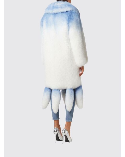 Philipp Plein Blue Abstract Pattern Fox Fur Coat With Fringes