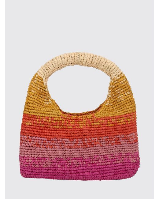 Manebí Pink Rectangular Crochet Raffia Handbag With Stripes