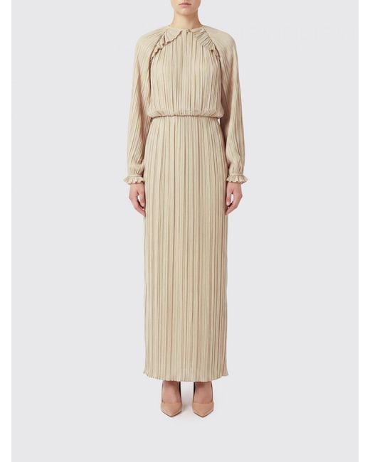 Fabiana Filippi Natural Long Pleated Crêpe Tunic With Long Sleeves And A Crew Neck