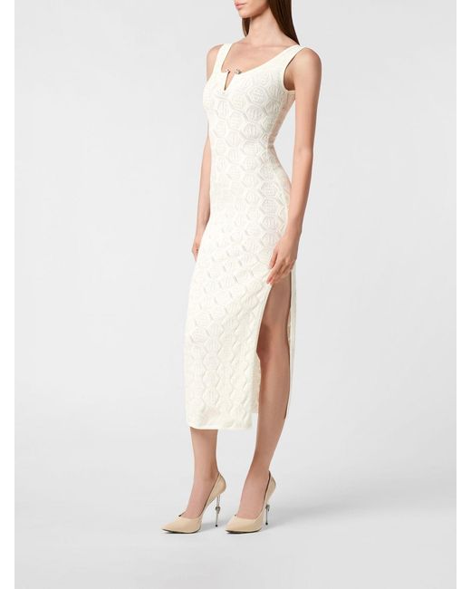 Philipp Plein White Jersey Midi Dress