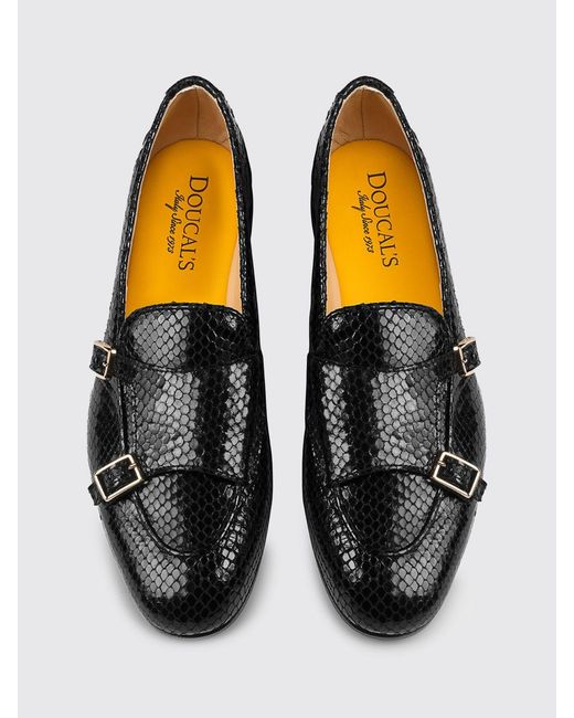Doucal's Black Python Print Leather Monk Strap Shoes