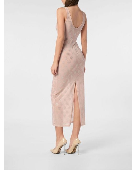 Philipp Plein Pink Rhinestone Jersey Midi Dress