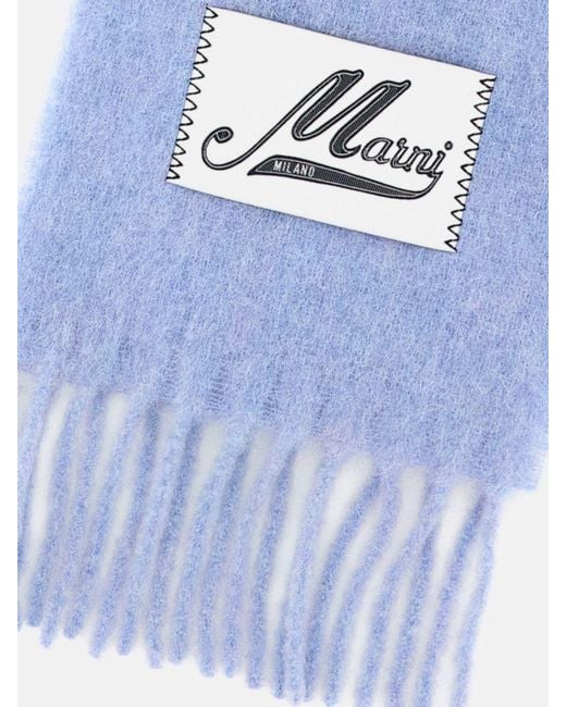 Marni Blue Logo-Patch Fringed Alpaca Wool-Blend Scarf