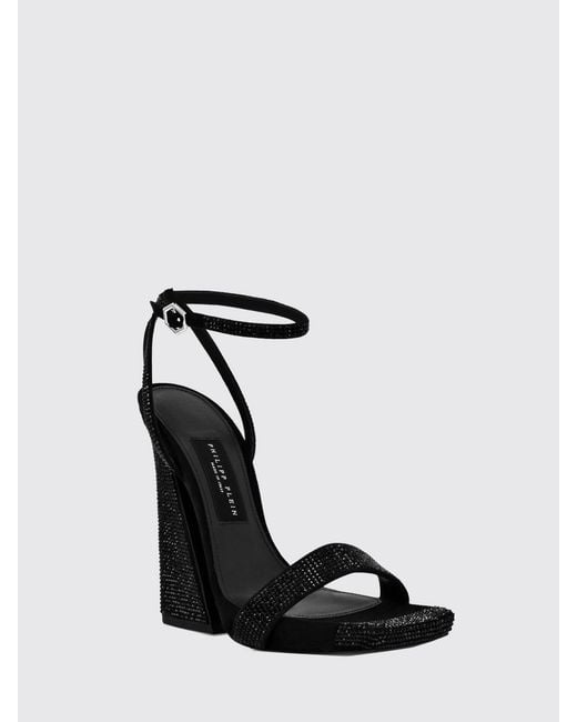 Philipp Plein Black High-Heeled Suede Sandals With Ankle Strap And Rhinestones