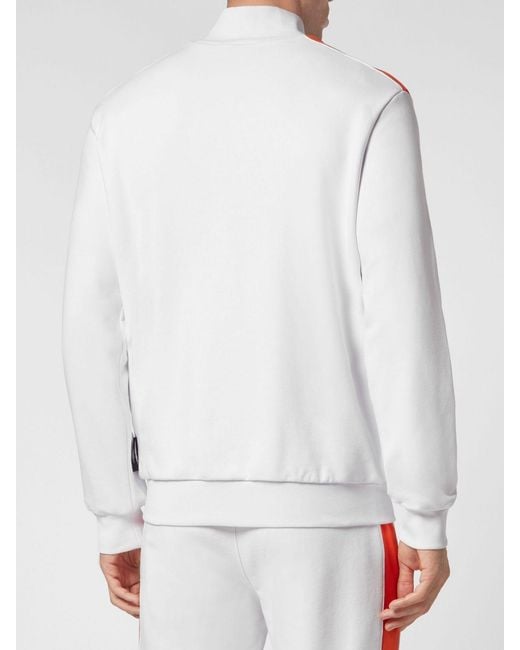 Philipp Plein White High Neck Cotton Zip-Up Sweatshirt With Hexagon Logo for men