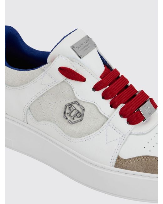 Philipp Plein White Bicolour Leather And Suede Low-Top Trainers With Hexagon Logo for men