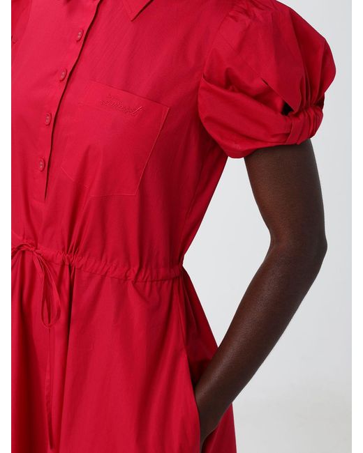 Twinset Red Stretch Cotton Midi Chemisier Dress With Short Sleeves And Belt