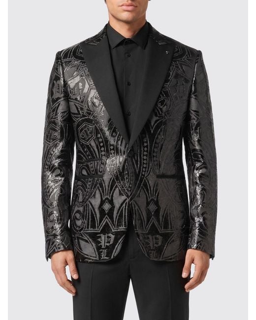Philipp Plein Black Single-Breasted Blazer With Crystal Monogram And Peak Lapels for men