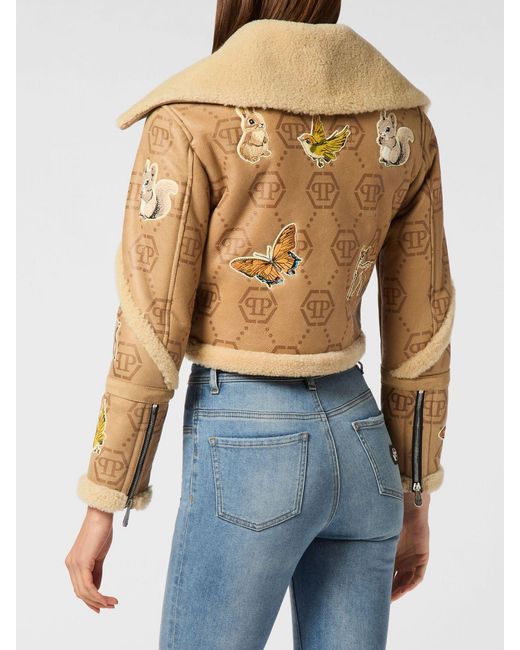 Philipp Plein Blue Cropped Shearling Jacket With Butterfly Print And Fur Collar