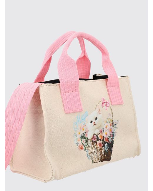 MSGM Pink Cotton Canvas Handbag With Graphic Print And Double Handle
