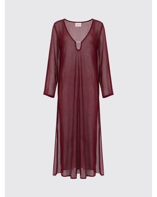 Mc2 Saint Barth Red Sheer Tulle Midi Tunic With V-Neck And Long Sleeves