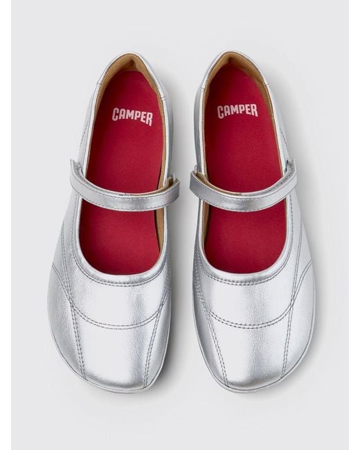 Camper White Right Nina Laminated Leather Mary Jane Flats With Hook-And-Loop Closure