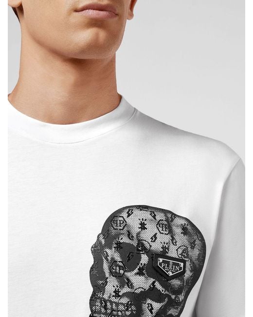 Philipp Plein White Slim Fit Cotton T-Shirt With Monogram Skull Embroidery And Hexagon Logo for men