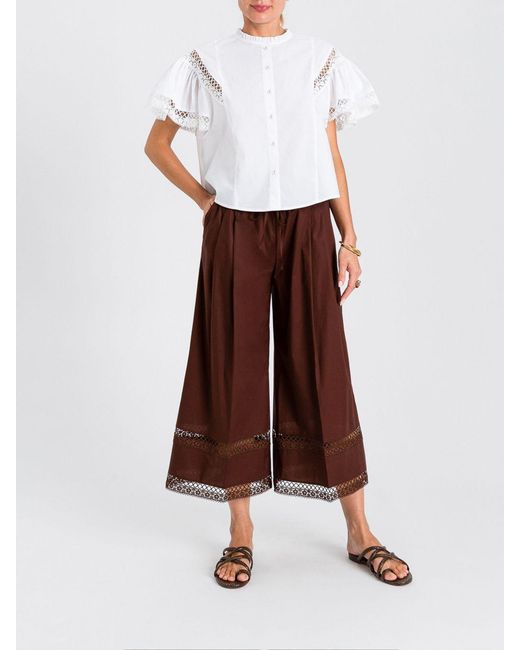 Twinset White Stretch-Cotton Shirt With Macramé Inserts