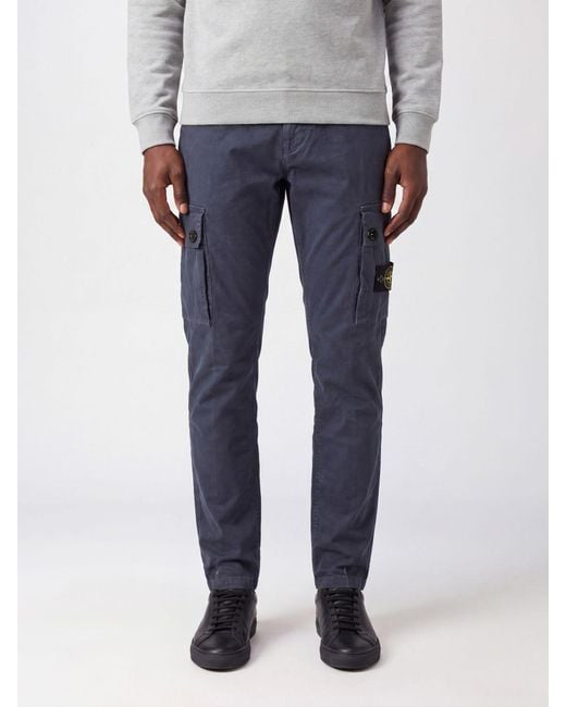 Stone Island Blue Stretch Organic Cotton Cargo Trousers With Compass Logo for men