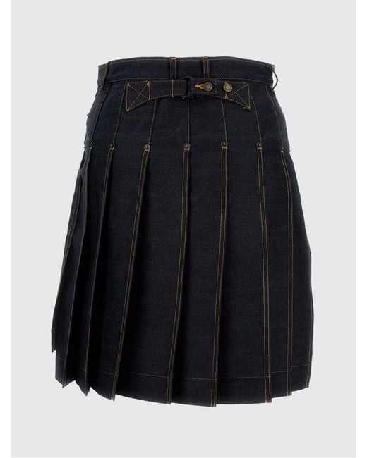Thom Browne Blue High-Waisted Pleated Denim Midi Skirt With Flag Logo