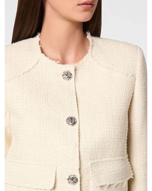 Philipp Plein Natural Single-Breasted Short Tweed Blazer With Jewelled Buttons