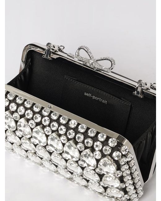 Self-Portrait White Satin Clutch With Rhinestones