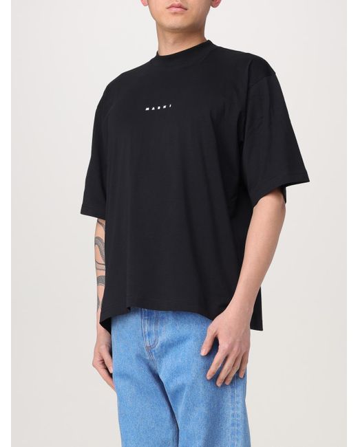 Marni Black Cotton T-Shirt With Logo Print for men