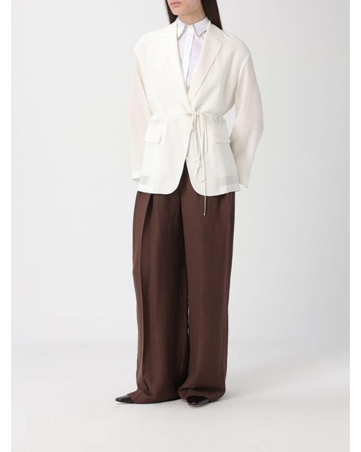Brunello Cucinelli White Single-Breasted Silk Blazer With Monile