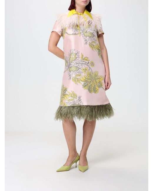 LaDoubleJ White Floral Print Silk Midi Evening Dress With Feather Details