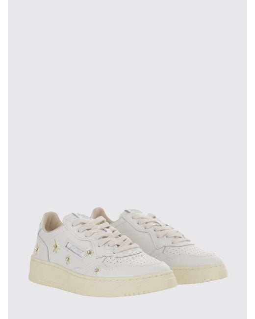 Autry White Medalist Low Leather Sneakers With Embroidered Flowers And Rhinestones