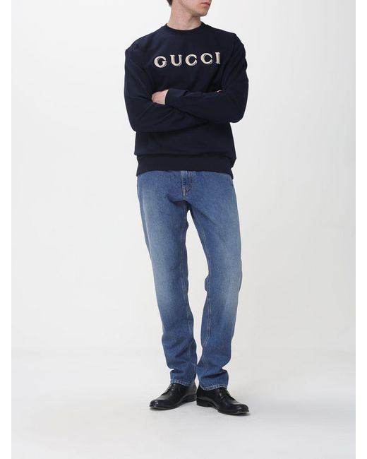 Gucci Blue Cotton Crew Neck Sweatshirt With Logo for men